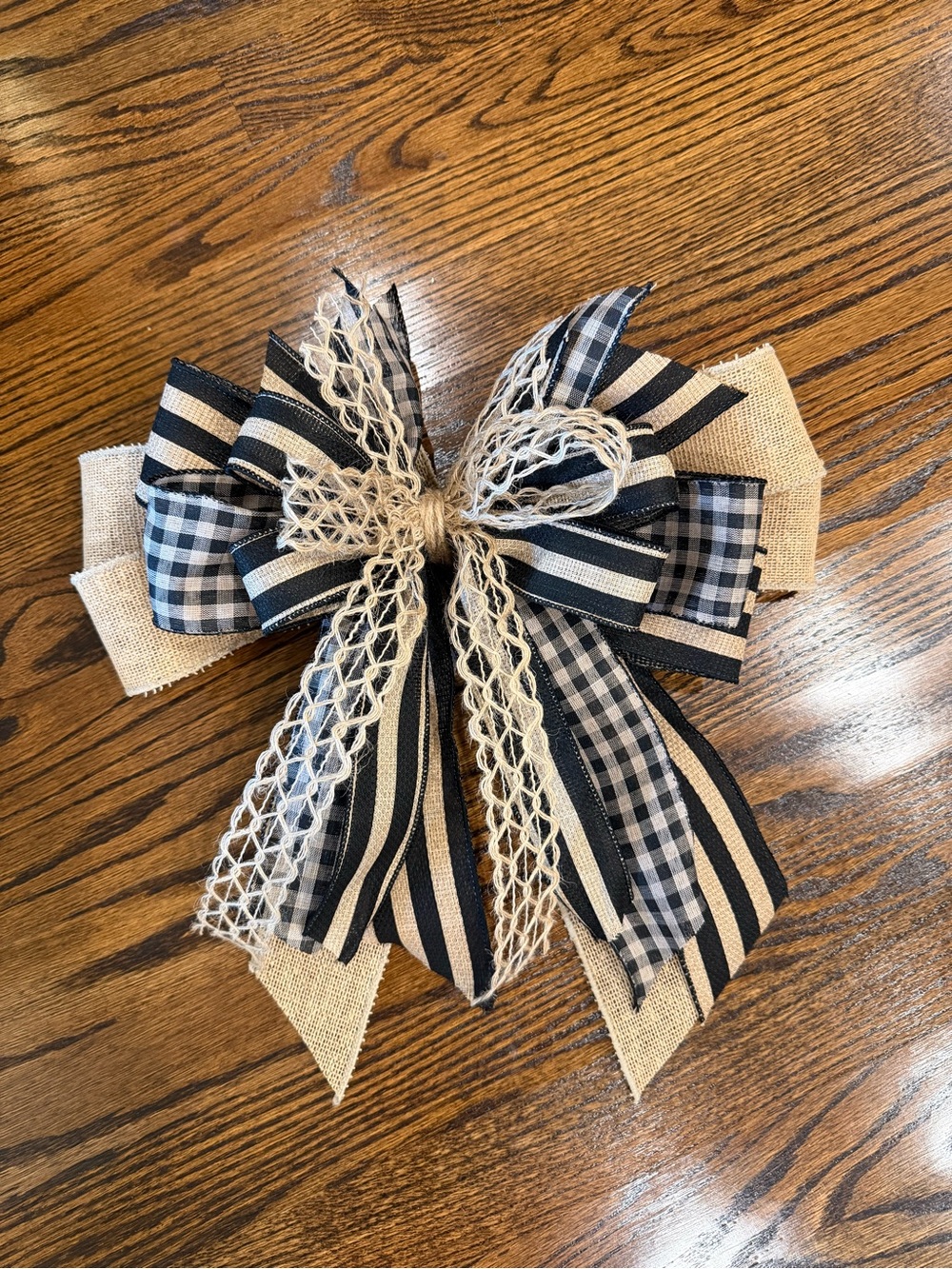 Neutral Black and Natural Holiday Bow Wreath Accent